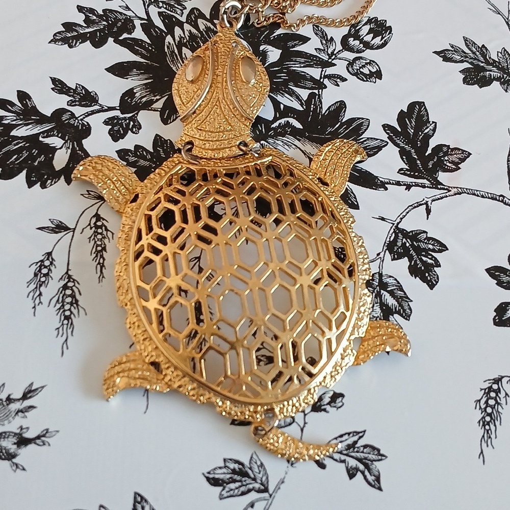 Vintage Large Intricate Animal 3 Strand Goldtone Turtle Statement Necklace